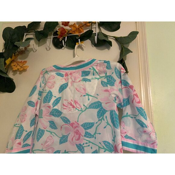 Gretchen Scott Women’s SZ M Tunic Top Pink Green Floral V Neck 3/4 Sleeve Cotton - Picture 11 of 12